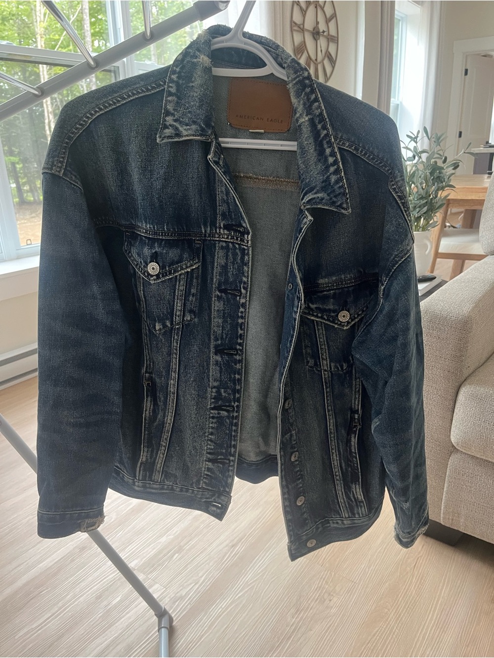 American Eagle Outfitters Distressed Dark Blue Denim Jacket